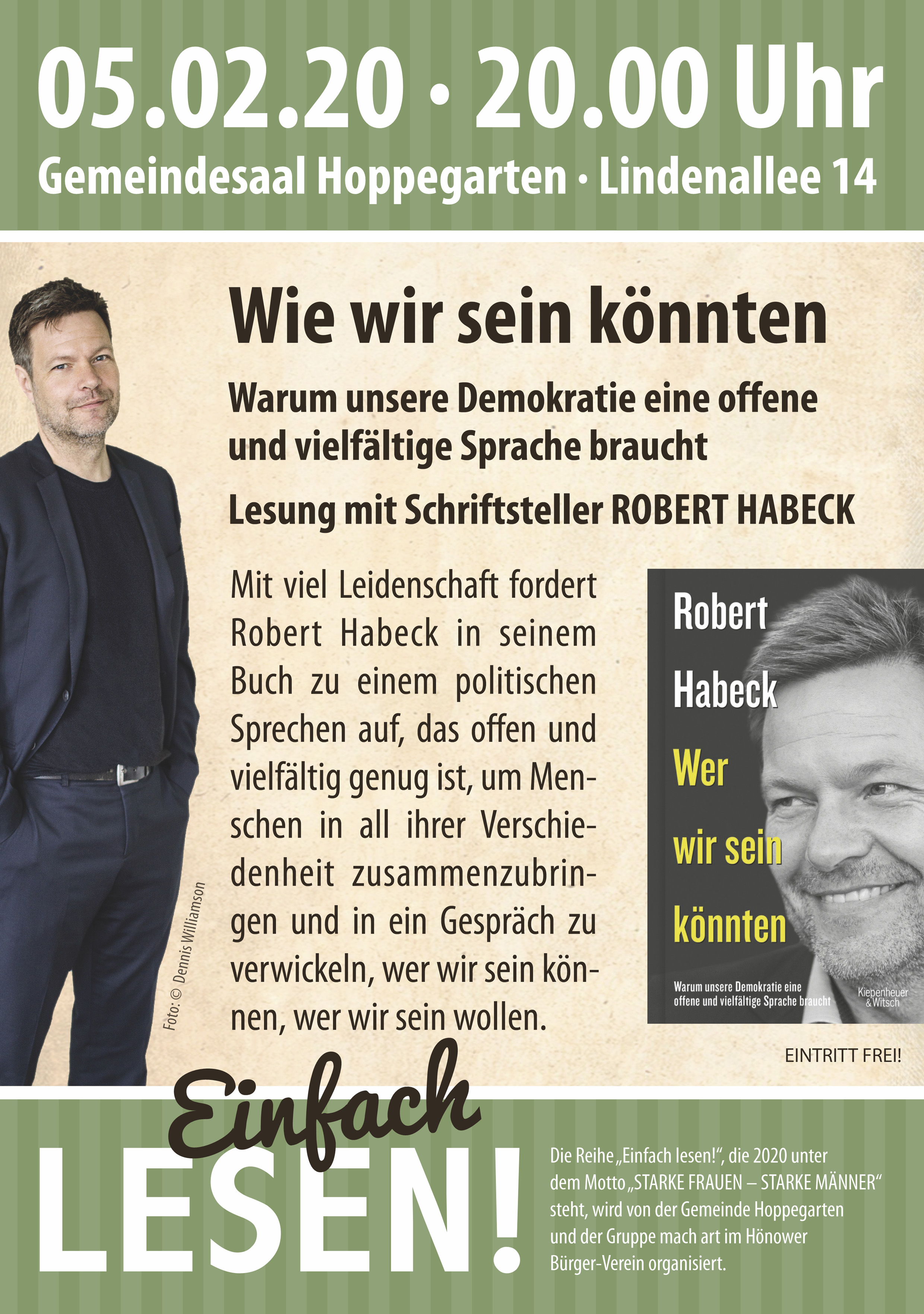Flyer zur Veranstaltung »Für die jenseits der Mauer« – Der Schriftsteller ROBERT HABECK stellt sein Buch »Wer wir sein könnten« vor