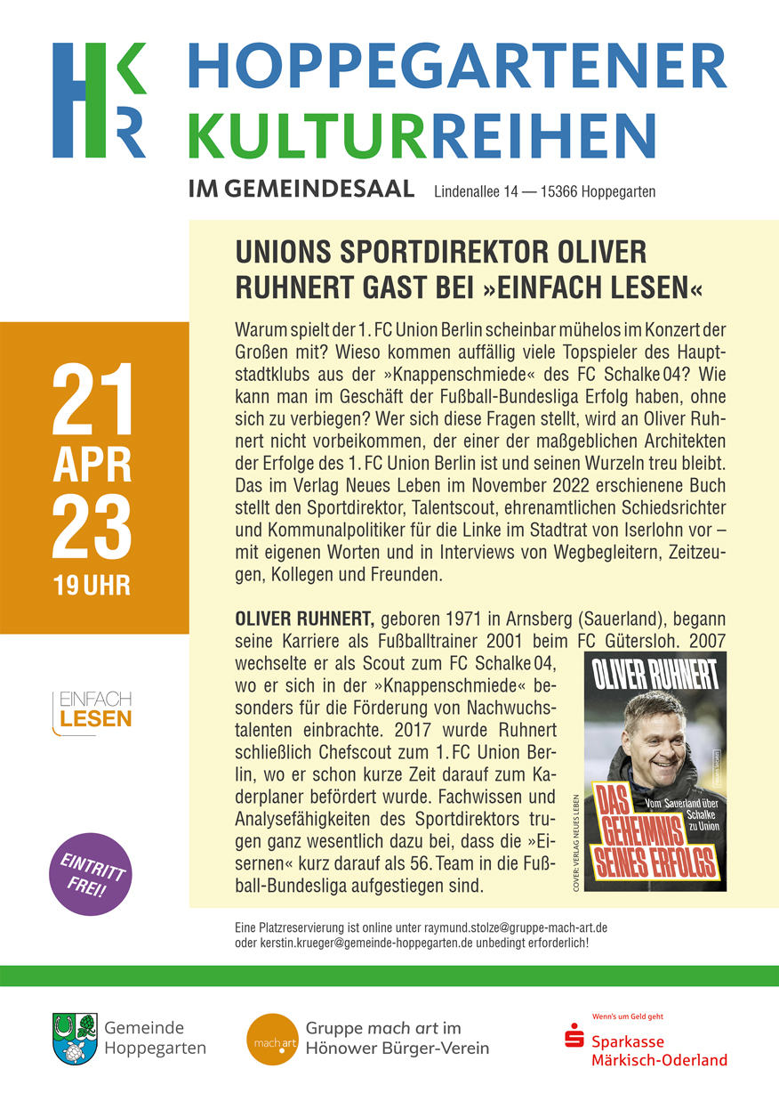 Plakat zur Veranstaltung »Unions Sportdirektor Oliver Ruhnert Gast bei Einfach Lesen«