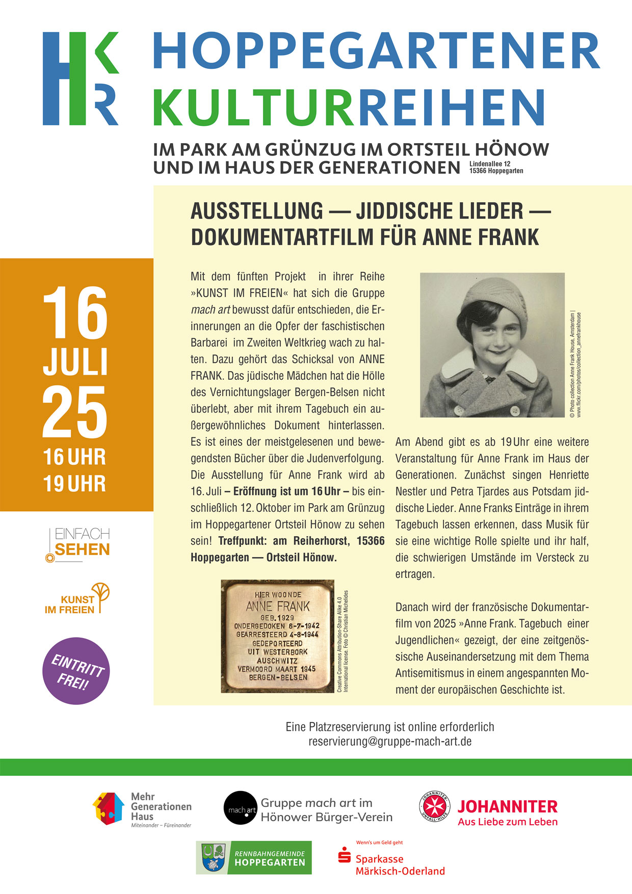 Plakat zur Veranstaltung Kunst im Freien für Anne Frank