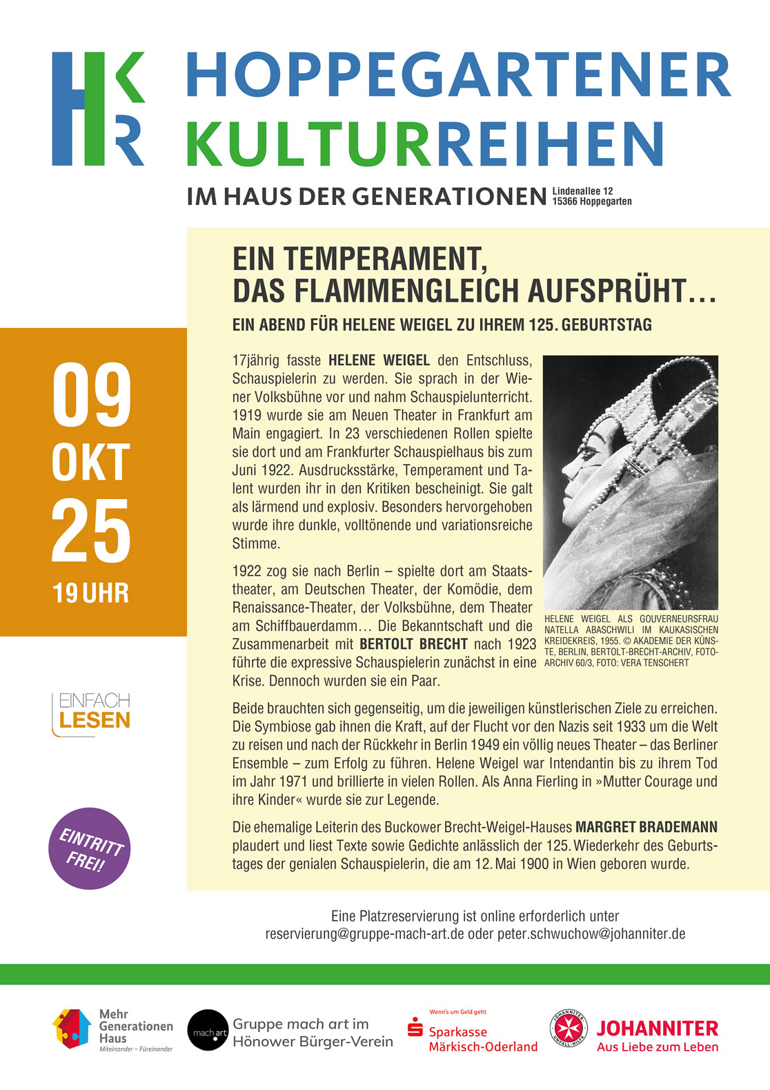 Plakat zur Veranstaltung Einfach Lesen Helene Weigel