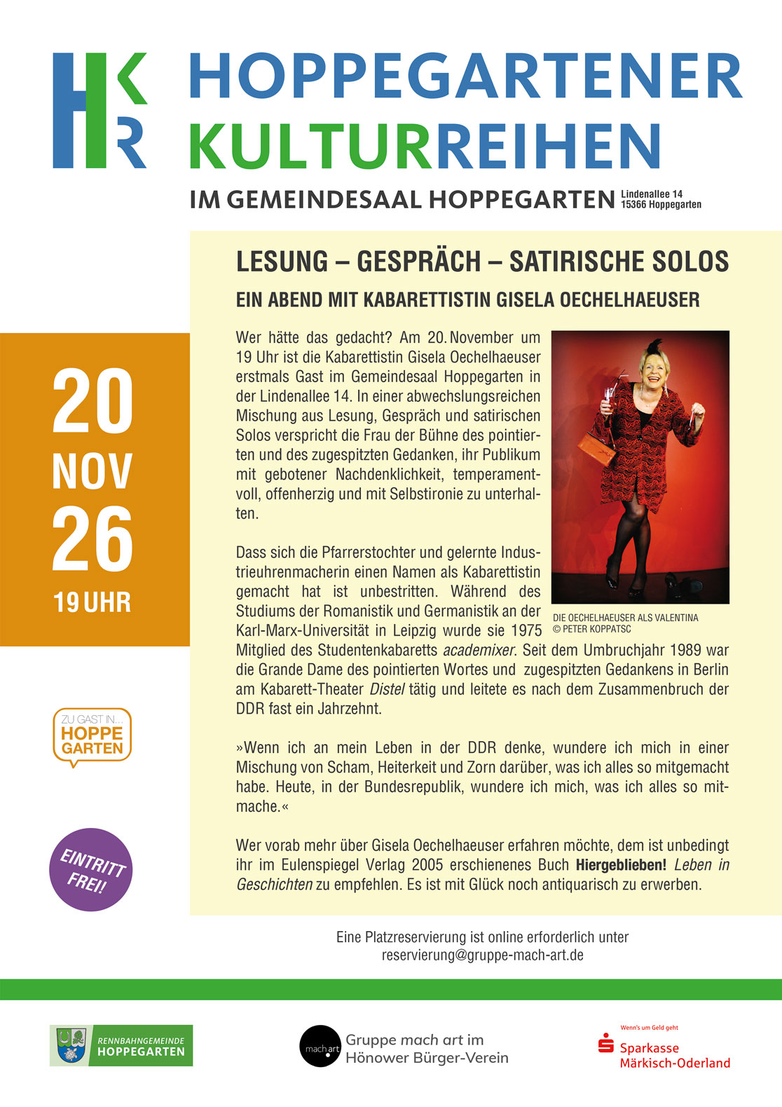 Plakat zur Veranstaltung Zu Gast in Hoppegarten mit Gisela Oechelhaeuser Plakat zur Veranstaltung Zu Gast in Hoppegarten mit Gisela Oechelhaeuser
